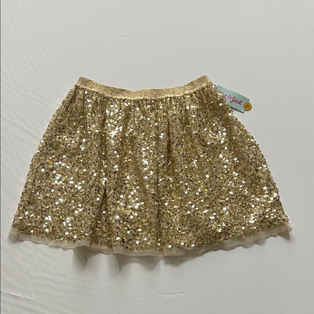 Cat & Jack Gold Sequin Mini Skirt Elastic Waist Tulle Trim Holiday NYE Girl XL